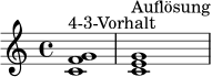 
\relative c' {
  \time 4/4
  <c f g>1^\markup { "4-3-Vorhalt" }
  <c e g>1^\markup { "Auflösung" }
}
