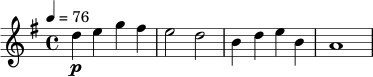 
\relative c'' {
  \key g \major
  \time 4/4
  \tempo 4 = 76
  d4\p e g fis |
  e2 d |
  b4 d e b |
  a1 |
}
