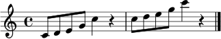 \relative c' { \time 4/4 c8 d e g c4 r4 | c8 d e g c4 r4 \bar "|." }