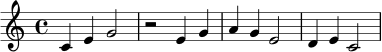 \relative c' {
\key c \major
\time 4/4
c4 e g2 | r2 e4 g | a4 g e2 | d4 e c2 |
}
