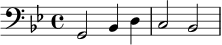 
\relative c {
  \clef bass
  \key g \minor
  \time 4/4
  g2 bes4 d |
  c2 bes |
}
