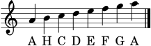 \version "2.24.0"
\language "deutsch"
\header { tagline = ##f }
\score {
<<
\new Staff \with { \remove "Time_signature_engraver" } {
\clef treble
\key a \minor
\cadenzaOn
a'4 h' c'' d'' e'' f'' g'' a''
\bar "|."
}
\addlyrics { A H C D E F G A }
>>
\layout { }
\midi { \tempo 4 = 76 }
}
