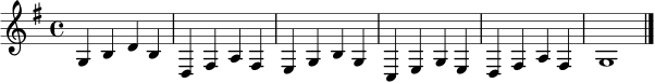 \relative c' {
\key g \major
\time 4/4
g4 b d b |
d,4 fis a fis |
e4 g b g |
c,4 e g e |
d4 fis a fis |
g1 \bar "|."
}