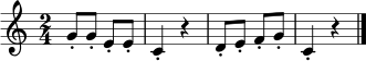 \relative c'' {
\clef treble
\time 2/4
\key c \major
g8-. g-. e-. e-. | c4-. r4 | d8-. e-. f-. g-. | c,4-. r4 \bar "|."
}