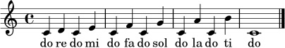 
\relative c' {
\time 4/4
\key c \major
c4 d c e | c f c g' | c, a' c, b' | c,1 |
\bar "|."
}
\addlyrics { do re do mi do fa do sol do la do ti do }

