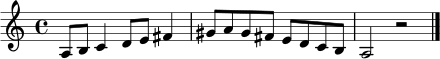 \relative c' { \clef treble \key a \minor \time 4/4 a8 b c4 d8 e fis4 | gis8 a gis fis e d c b | a2 r2 \bar "|." }
