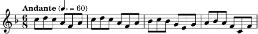 \relative c'' {
\clef treble
\key f \major
\time 6/8
\tempo "Andante" 4. = 60
c8 d c a f a
c d c a f a
bes c bes g e g
a bes a f c f
}
