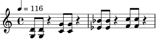 \relative c' {
\time 4/4
\tempo 4 = 116
<g d'>8 <g d'> r4 <c g'>8 <c g'> r4 |
<ees bes'>8 <ees bes'> r4 <f c'>8 <f c'> r4 |
}
