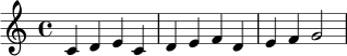 \relative c' { \clef treble \key c \major \time 4/4 c4 d e c | d e f d | e f g2 | }