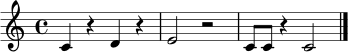 \relative c' {
\clef treble
\time 4/4
c4 r d r | e2 r2 | c8 c r4 c2 | \bar "|."
}