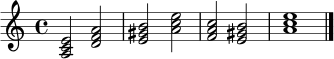 
\relative c' {
  \key a \minor
  \time 4/4
  <a c e>2 <d f a> | <e gis b>2 <a c e> | <f a c>2 <e gis b> | <a c e>1 \bar "|."
}
