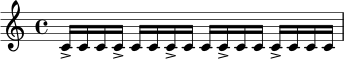 \relative c' {
\time 4/4
c16-> c c c-> c c c-> c c c-> c c c-> c c c
}
