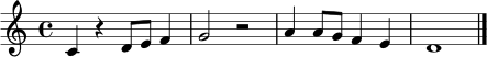 
\relative c' { \time 4/4 c4 r4 d8 e f4 | g2 r2 | a4 a8 g f4 e | d1 \bar "|." }
