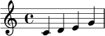 \relative c' { \clef treble \key c \major \time 4/4 c4 d e g | }