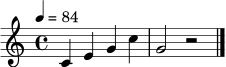 \relative c' { \set Staff.midiInstrument = "acoustic grand" \tempo 4 = 84 \clef treble \time 4/4 c4 e g c | g2 r2 \bar "|." }