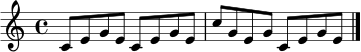 \relative c' { \time 4/4 \key c \major c8 e g e c e g e | c'8 g e g c, e g e \bar "|." }