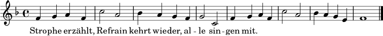 \relative c' { \time 4/4 \key f \major
f4 g a f | c'2 a | bes4 a g f | g2 c, |
f4 g a f | c'2 a | bes4 a g e | f1 \bar "|." }
\addlyrics { Stro -- phe er -- zählt, Re -- frain kehrt wie -- der, al -- le sin -- gen mit. }