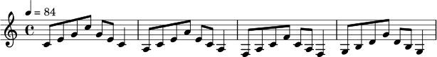 
\relative c' {
  \clef treble
  \key c \major
  \time 4/4
  \tempo 4 = 84
  c8 e g c g e c4
  a8 c e a e c a4
  f8 a c f c a f4
  g8 b d g d b g4
}
