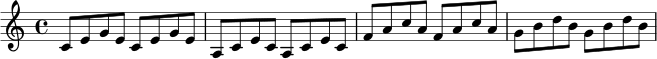 \relative c' {
\key c \major
\time 4/4
c8 e g e c e g e |
a, c e c a c e c |
f a c a f a c a |
g b d b g b d b |
}