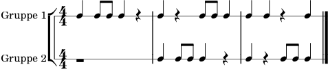 \version "2.22.0"
\paper { indent = 0\mm line-width = 135\mm }
\header { tagline = ##f }
\score {
\new StaffGroup <<
\new RhythmicStaff \with { instrumentName = "Gruppe 1" shortInstrumentName = "G1" } {
\numericTimeSignature
\time 4/4
c'4 c'8 c'8 c'4 r4 | c'4 r4 c'8 c'8 c'4 | c'4 c'4 r4 c'4 \bar "|."
}
\new RhythmicStaff \with { instrumentName = "Gruppe 2" shortInstrumentName = "G2" } {
\numericTimeSignature
\time 4/4
r1 | c'4 c'8 c'8 c'4 r4 | c'4 r4 c'8 c'8 c'4 \bar "|."
}
>>
\layout { }
\midi { \tempo 4 = 84 }
}