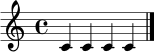 \relative c' { \clef treble \time 4/4 c4 c4 c4 c4 \bar "|." }
