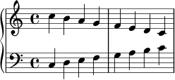 \version "2.18.2"
\score {
\new PianoStaff <<
\new Staff {
\clef treble
c''4 b' a' g' | f' e' d' c' |
}
\new Staff {
\clef bass
c4 d e f | g a b c' |
}
>>
\layout { }
\midi { }
}