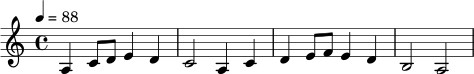 \relative c' {
\key a \minor
\time 4/4
\tempo 4 = 88
a4 c8 d e4 d |
c2 a4 c |
d4 e8 f e4 d |
b2 a2
}