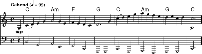 \version "2.24.0"
melody = \relative c' {
\clef treble
\key c \major
\time 4/4
\tempo "Gehend" 4=92
\partial 4 g4\mp |
c4( d) e g | a2 g4 e | f4 e d c | d2. g4 |
c4( d) e g | a4 g f e | d4 e c d | c2.\p \bar "|."
}
accompaniment = \relative c {
\clef bass
\key c \major
\time 4/4
\partial 4 r4 |
c2 g | a2 e | f2 c | g2 g |
c2 g | a2 f | g2 g | c2.
}
harmonies = \chordmode {
s4 |
c1 | a1:m | f1 | g1 |
c1 | a1:m | g1 | c2.
}
\score {
<<
\new ChordNames {
\harmonies
}
\new Staff = "Melodie" {
\set Staff.midiInstrument = "flute"
\melody
}
\new Staff = "Begleitung" {
\set Staff.midiInstrument = "acoustic guitar (nylon)"
\accompaniment
}
>>
\layout { }
\midi { }
}