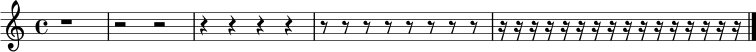\relative c' {
\clef treble
\time 4/4
r1 |
r2 r2 |
r4 r4 r4 r4 |
r8 r8 r8 r8 r8 r8 r8 r8 |
r16 r16 r16 r16 r16 r16 r16 r16 r16 r16 r16 r16 r16 r16 r16 r16 \bar "|."
}