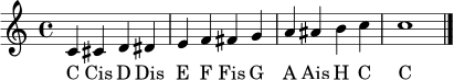 \relative c' {
\clef treble
\time 4/4
c4 cis d dis | e f fis g | a ais b c | c1 \bar "|."
}
\addlyrics { C Cis D Dis E F Fis G A Ais H C C }