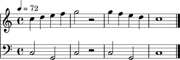<<
\new Staff \relative c'' { \set Staff.midiInstrument = "flute" \tempo 4 = 72 \clef treble \time 4/4 c4 d e f | g2 r2 | g4 f e d | c1 \bar "|." }
\new Staff \relative c { \set Staff.midiInstrument = "acoustic grand" \tempo 4 = 72 \clef bass \time 4/4 c2 g | c2 r2 | c2 g | c1 \bar "|." }
>>
