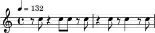 \relative c'' {
\key c \major
\time 4/4
\tempo 4 = 132
r8 c8 r4 c8 c r c |
r4 c8 r c4 r8 c |
}