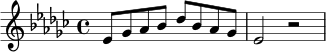 \relative ees' {
\key ees \minor
\time 4/4
ees8 ges aes bes des bes aes ges |
ees2 r2
}