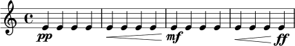 \relative c' {
\time 4/4
e4\pp e e e |
e4\< e e e |
e4\mf e e e |
e4\< e e e\ff |
}