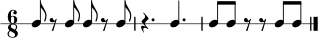 
\new RhythmicStaff {
  \time 6/8
  c8 r8 c8 c8 r8 c8 |
  r4. c4. |
  c8 c8 r8 r8 c8 c8 |
  \bar "|."
}
