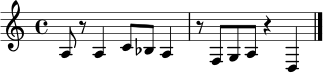 \relative c' {
\time 4/4
a8 r a4 c8 bes a4 |
r8 f g a r4 d,4 \bar "|."
}