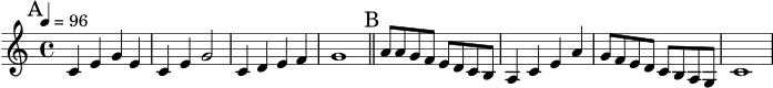\version "2.22.0"
\score {
\new Staff \relative c' {
\time 4/4
\tempo 4=96
\mark \markup { A }
c4 e g e | c4 e g2 |
c,4 d e f | g1 |
\bar "||"
\mark \markup { B }
a8 a g f e d c b | a4 c e a |
g8 f e d c b a g | c1 |
}
\layout {}
\midi {}
}