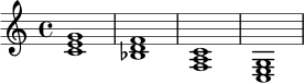 \relative c' {
\key c \major
\time 4/4
<c e g>1 |
<bes d f>1 |
<f a c>1 |
<c e g>1 |
}