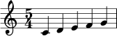 \relative c' { \clef treble \key c \major \time 5/4 c4 d e f g | }
