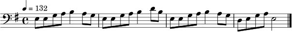 \relative c {
\clef bass
\key e \minor
\time 4/4
\tempo 4 = 132
e8 e g a b4 a8 g |
e8 e g a b4 d8 b |
e,8 e g a b4 a8 g |
d8 e g a e2 \bar "|."
}