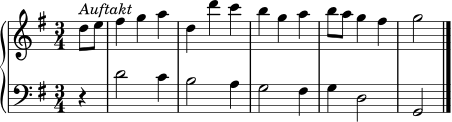 \version "2.24.0"
\header { tagline = ##f }
upper = \relative c'' {
\clef treble
\key g \major
\time 3/4
\partial 4 d8^\markup { \italic "Auftakt" } e |
fis4 g a |
d, d' c |
b g a |
b8 a g4 fis |
g2 \bar "|."
}
lower = \relative c {
\clef bass
\key g \major
\time 3/4
\partial 4 r4 |
d'2 c4 |
b2 a4 |
g2 fis4 |
g4 d2 |
g,2 \bar "|."
}
\score {
\new PianoStaff <<
\new Staff = "right" \upper
\new Staff = "left" \lower
>>
\layout { }
\midi { \tempo 4 = 96 }
}