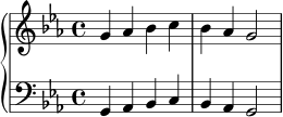 \new PianoStaff <<
\new Staff {
\relative c'' {
\key c \minor
\time 4/4
g4 aes bes c | bes aes g2 |
}
}
\new Staff {
\clef bass
\relative c {
\key c \minor
\time 4/4
g4 aes bes c | bes aes g2 |
}
}
>>