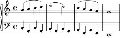 \new PianoStaff <<
\new Staff = "right" \relative c'' {
\clef treble
\time 4/4
\key c \major
g4( a b c) | d2( c) | b4( a g f) | e1
}
\new Staff = "left" \relative c {
\clef bass
\time 4/4
\key c \major
c4-. g-. c-. g-. | b-. g-. b-. g-. | a-. e-. a-. e-. | c1-.
}
>>