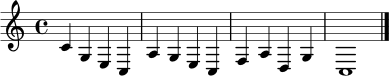 \relative c' {
\clef treble
\time 4/4
c4 g e c | a' g e c | f a d, g | c,1 \bar "|."
}