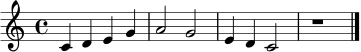 \relative c' { \clef treble \key c \major \time 4/4 c4 d e g | a2 g | e4 d c2 | r1 \bar "|." }