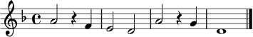 \relative c'' {
\time 4/4
\key d \minor
a2 r4 f |
e2 d |
a'2 r4 g |
d1 \bar "|."
}