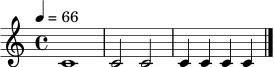 
\relative c' { \tempo 4 = 66 \time 4/4 c1 | c2 c2 | c4 c c c \bar "|." }
