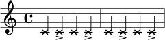 
\relative c' {
  \time 4/4
  \override NoteHead.style = #'cross
  c4 c-> c c-> | c4 c-> c c-> |
}
