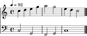 \version "2.22.0"
\score {
<<
\new Staff \relative c'' {
\clef treble
\key c \major
\time 4/4
\tempo 4 = 92
c4 d e g | a2 g | e4 d c2 \bar "|."
}
\new Staff \relative c {
\clef bass
\key c \major
\time 4/4
c2 g | f2 g | c1 \bar "|."
}
>>
\layout { }
\midi { }
}