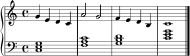 \score {
\new PianoStaff <<
\new Staff \relative c'' {
\clef treble
\key c \major
\time 4/4
g4 e d c | a'2 g | f4 e d b | c1 \bar "|."
}
\new Staff \relative c {
\clef bass
\key c \major
\time 4/4
<c e g>1 | <f a c> | <g b d> | <c e g>
}
>>
\layout { }
\midi { \tempo 4 = 84 }
}
